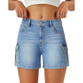 Womens Cargo Jean Shorts High Waisted Microelastic Straight Leg Long Denim Mom Shorts
