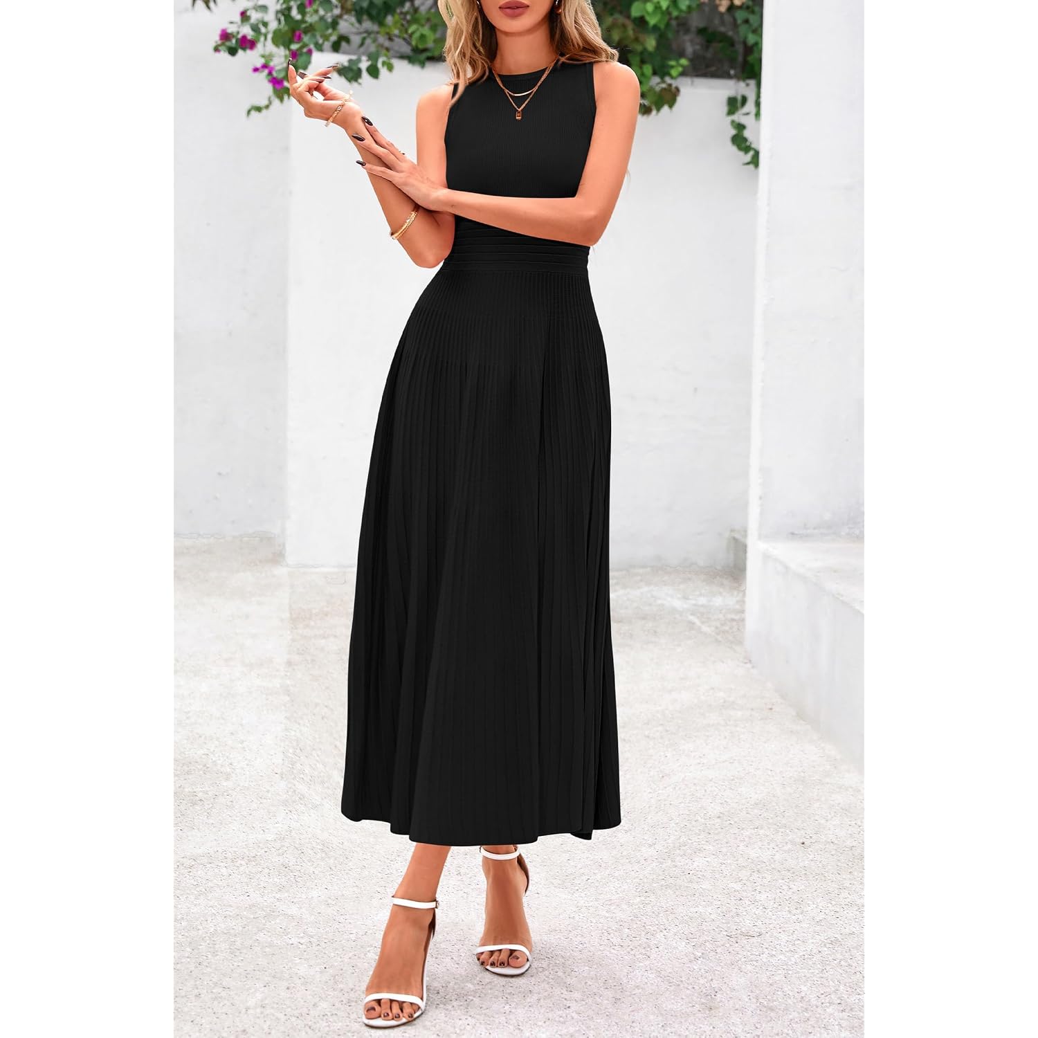 Prettygarden Spring Casual Dresses For Women 2026 Summer Business Work Midi Sleeveless A Line Pleated Cocktail Dress