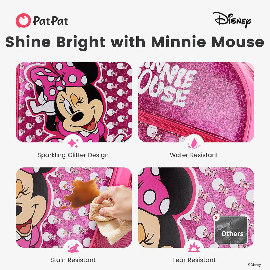 Disney Minnie Mouse Girls Backpack For Elementary Kindergarten, Medium 12L | Glitter Water-Stain-Tear-Resistant, Lightweight 350G, Ergonomic Padded Adjustable Strap, Chest Strap Support Large Capacity