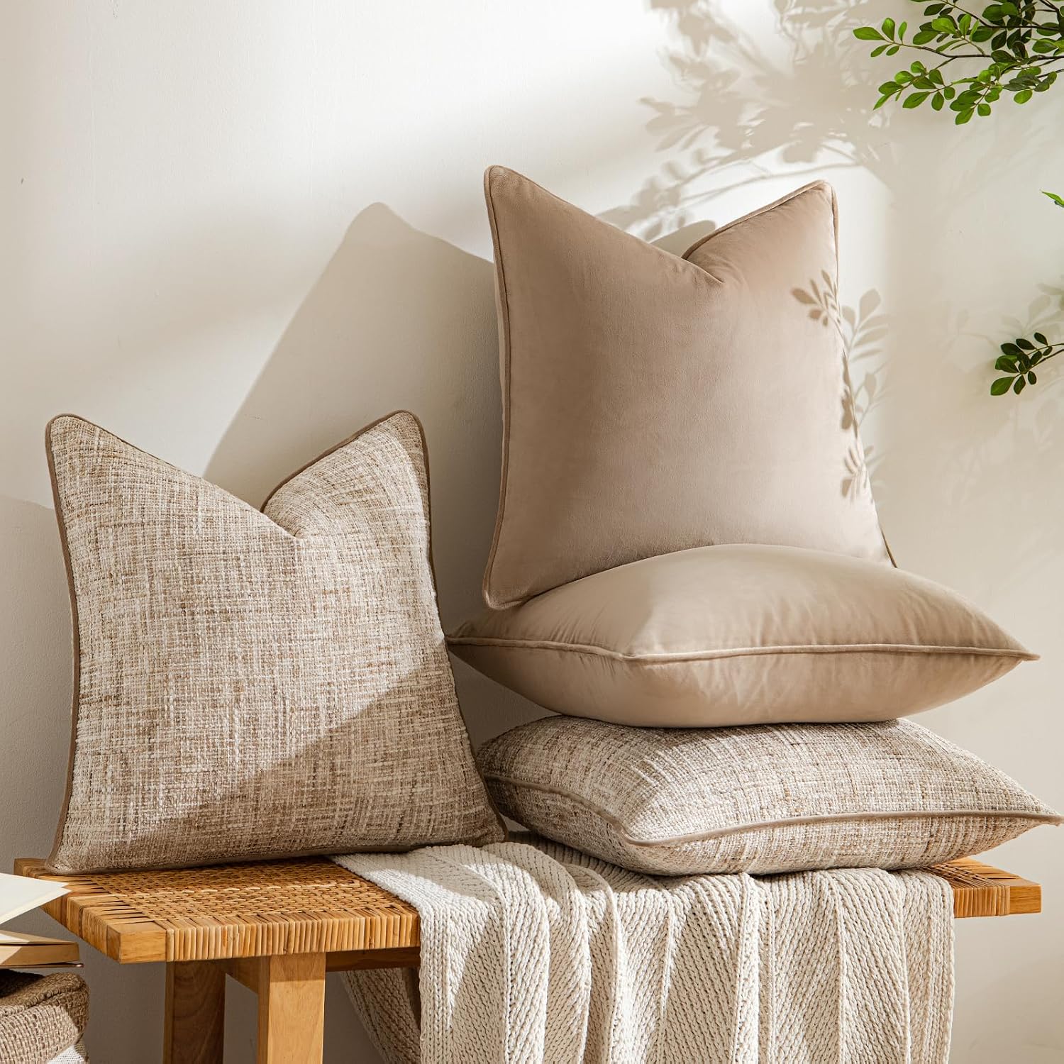 Khaki 4 Pack Throw Pillow Covers - Chenille & Velvet Set With Piping, Farmhouse Textured Design Cushion Cases For Couch Sofa Bed (18X18 Inch, No Insert)
