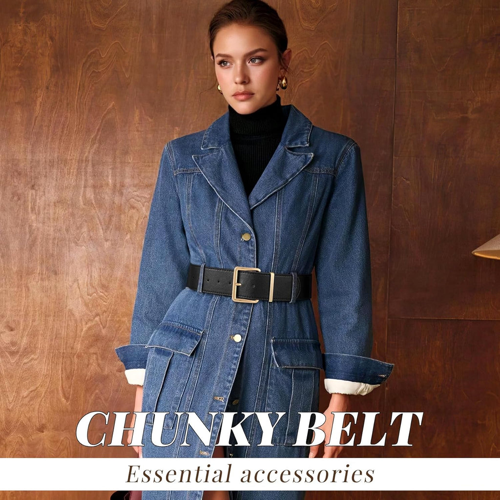 WERFORU Women Wide Belt for Dresses Thick Leather Belt with Big Gold Buckle Fahion Women Chunky Belt