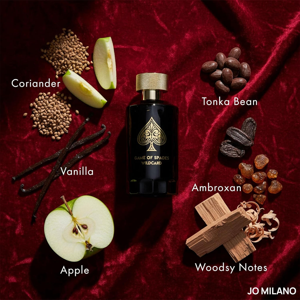 Jo Milano Game of Spades Wildcard Parfum Spray | 3.4 oz (100ml) | Vanilla, Apple, Tonka, Oud Wood, Bergamot Scent | Long Lasting Fragrance for Men