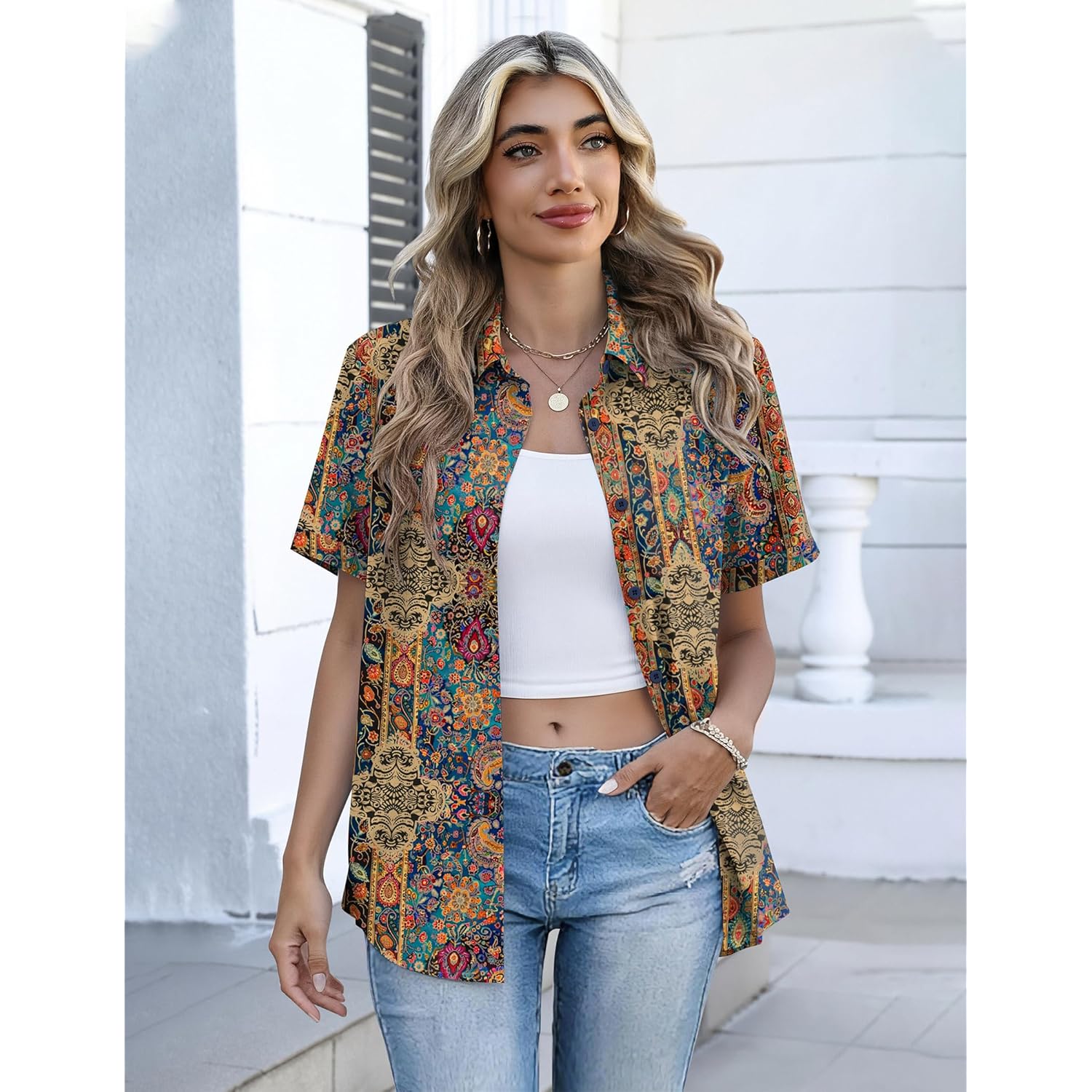Button Down Shirts for Women Short Sleeve Collared Tops Dressy Casual V Neck Blouses