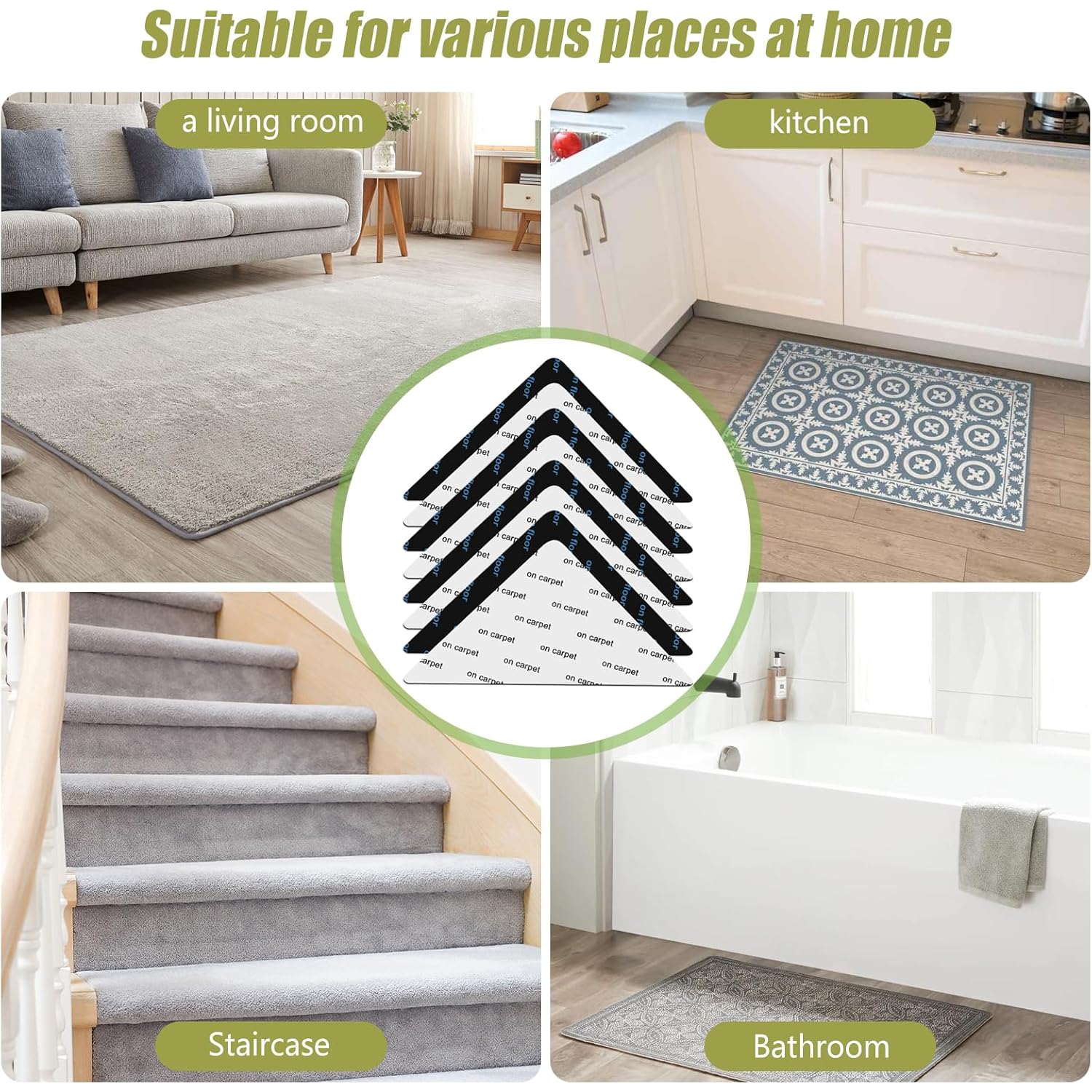 12 Pcs Rug Tape, Non Slip Carpet Tape for Hardwood Floors, Double-Sided Adhesive Rug Stickers Keep Corners Flat, No Residue/BPA-Free