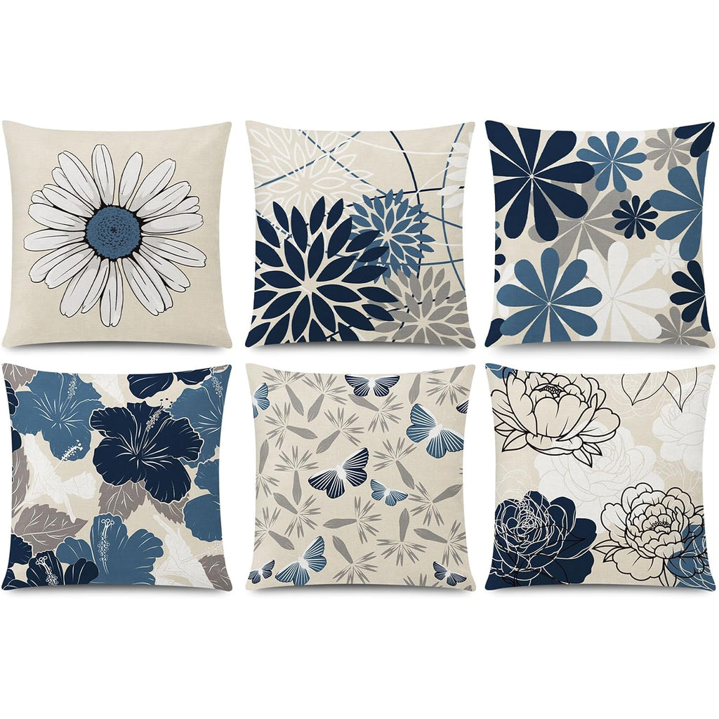 Comminy Blue White Pillow Covers 18X18 Set Of 6, Daisy Flower Throw Pillow Cover Case Square Cushion Cover For Sofa Bedroom Living Room Farmhouse Home Decor