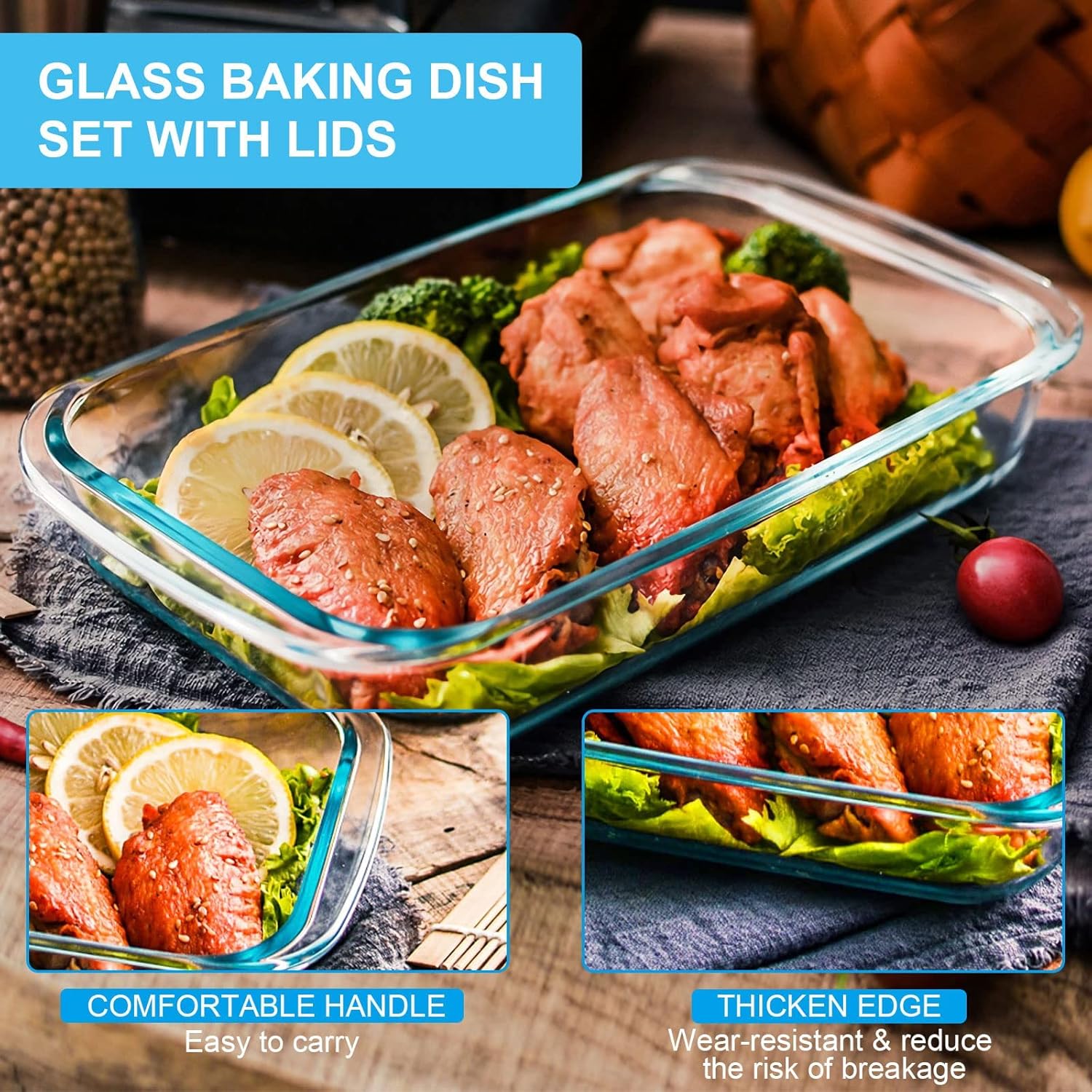 KOMUEE 8 Pieces Glass Baking Dish with Lids Rectangular Glass Baking Pan Bakeware Set with Lids, Baking Pans for Lasagna, Leftovers, Cooking, Kitchen, Fridge-to-Oven, Gray