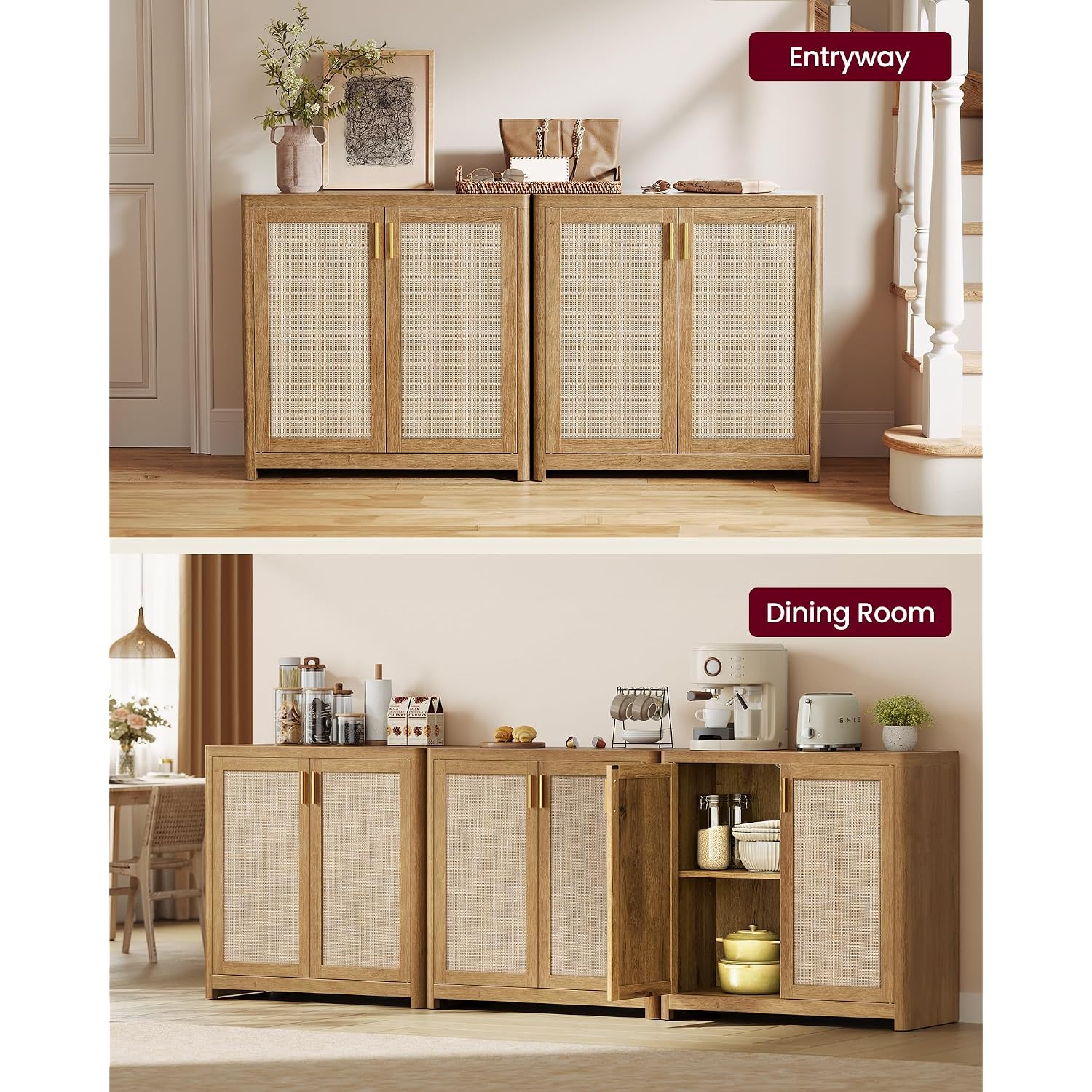 Vasagle Ellan Collection - Boho Buffet Cabinet With Rattan-Look Doors, Sideboard Storage Cabinet, Rounded Corners, Adjustable Shelf, For Kitchen, Natural Brown Ubbk345Kc01