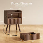 Huuger Nightstand With Charging Station, Usb-C Port, Fluted Night Stand Set Of 2, Bed Side Table With Drawer, Solid Wood Feet, Open Storage, End Table With Raised Edge, For Bedroom, Walnut