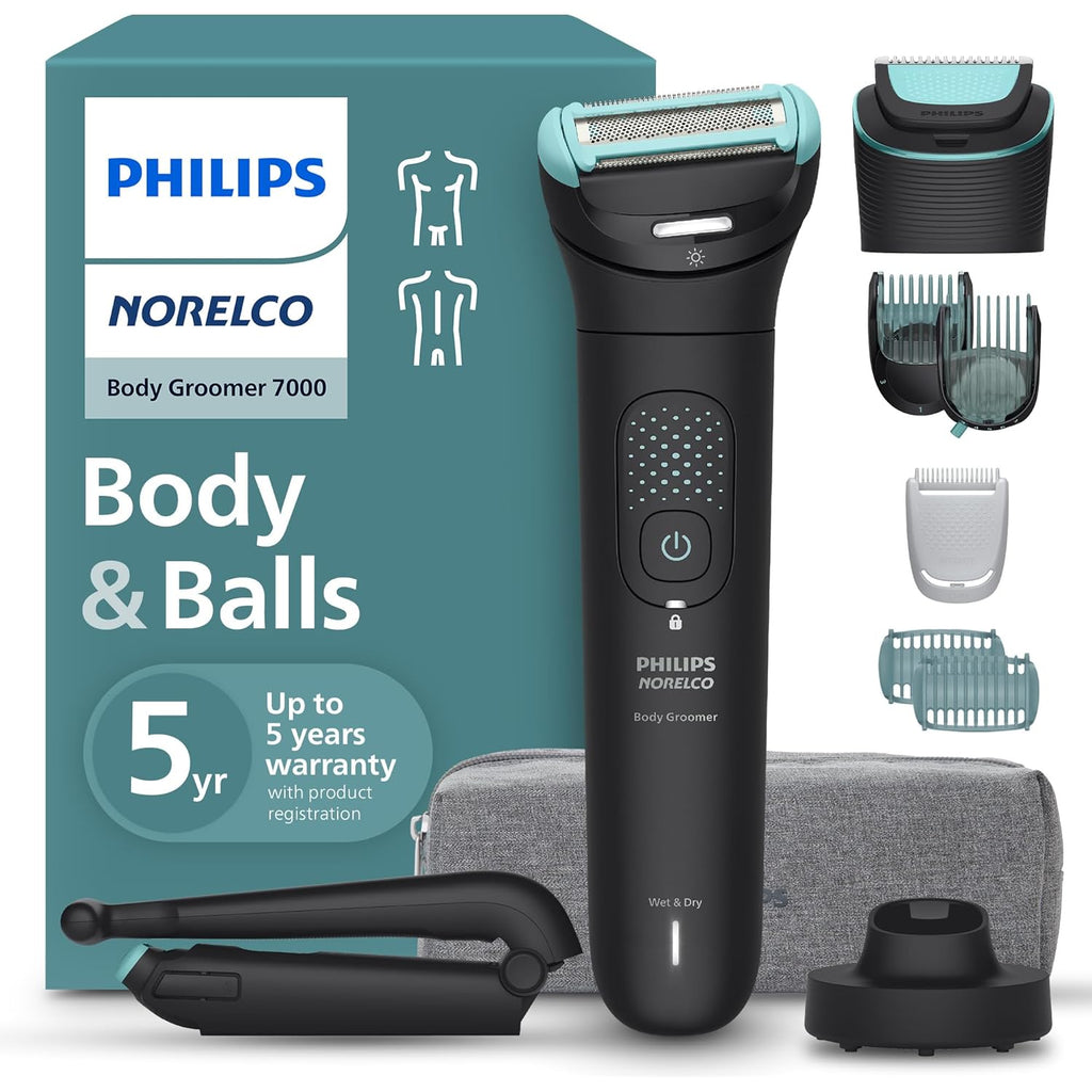 Philips Norelco Body Groomer 7000 Series, Waterproof Men's Full Body Groomer with Travel Case, Triple Protect Shave System & Body Hair Trimmer with Contour-Following 2D Flexing Head, BG7490/50