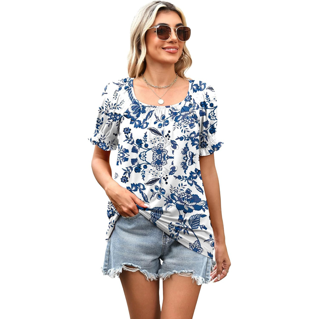 WIHOLL Womens Short Sleeve Square Neck Summer Tops Dressy Casual Blouses Trendy Clothes 2026 B - Blue Floral Print