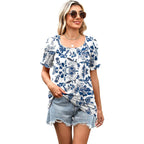 WIHOLL Womens Short Sleeve Square Neck Summer Tops Dressy Casual Blouses Trendy Clothes 2026 B - Blue Floral Print
