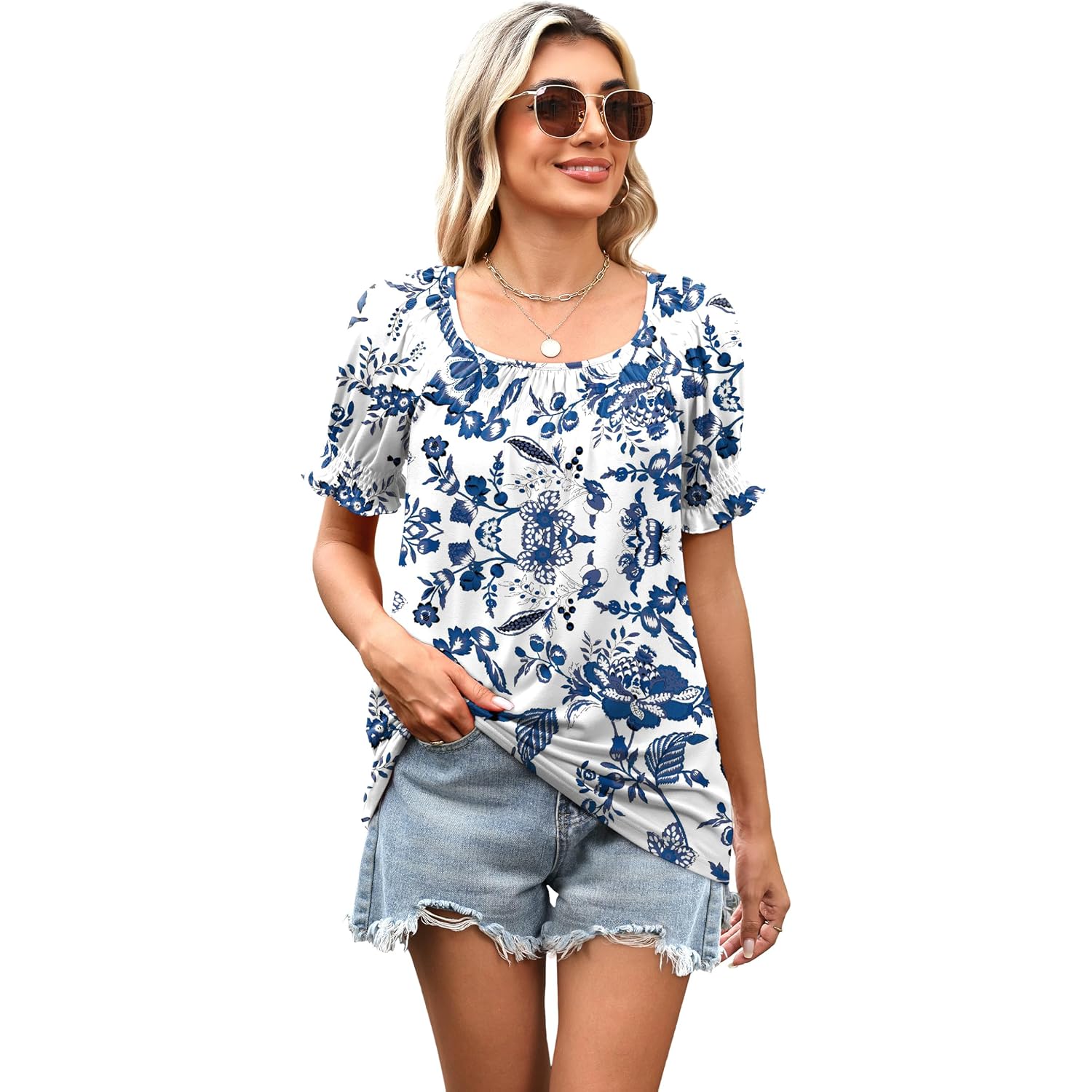 WIHOLL Womens Short Sleeve Square Neck Summer Tops Dressy Casual Blouses Trendy Clothes 2026 B - Blue Floral Print