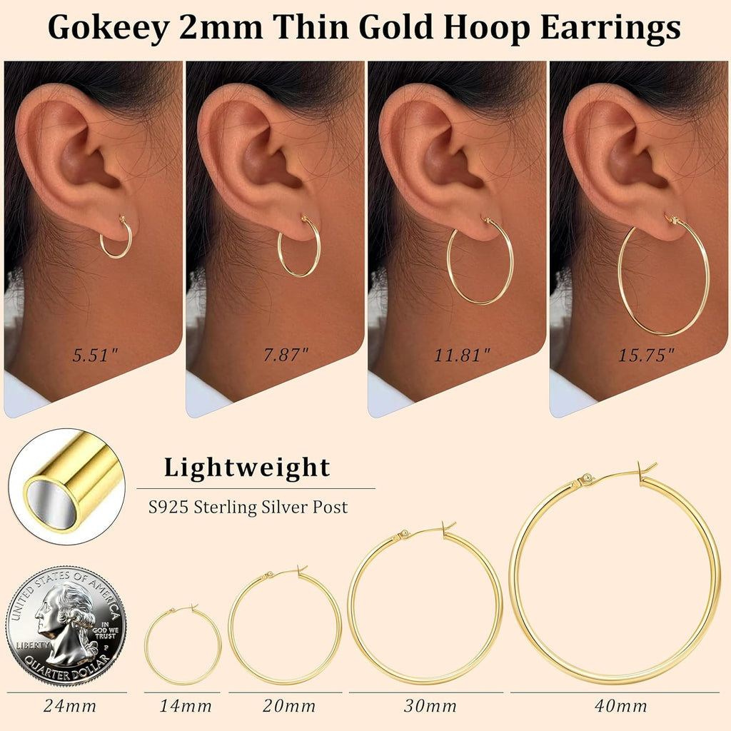 Gokeey Gold Hoop Earrings Set for Women,14k Gold Plated Gold Hoops with Sterling Silver Post Hypoallergenic Thin Hoop Gold Earrings for Girls Trendy Jewelry Gifts