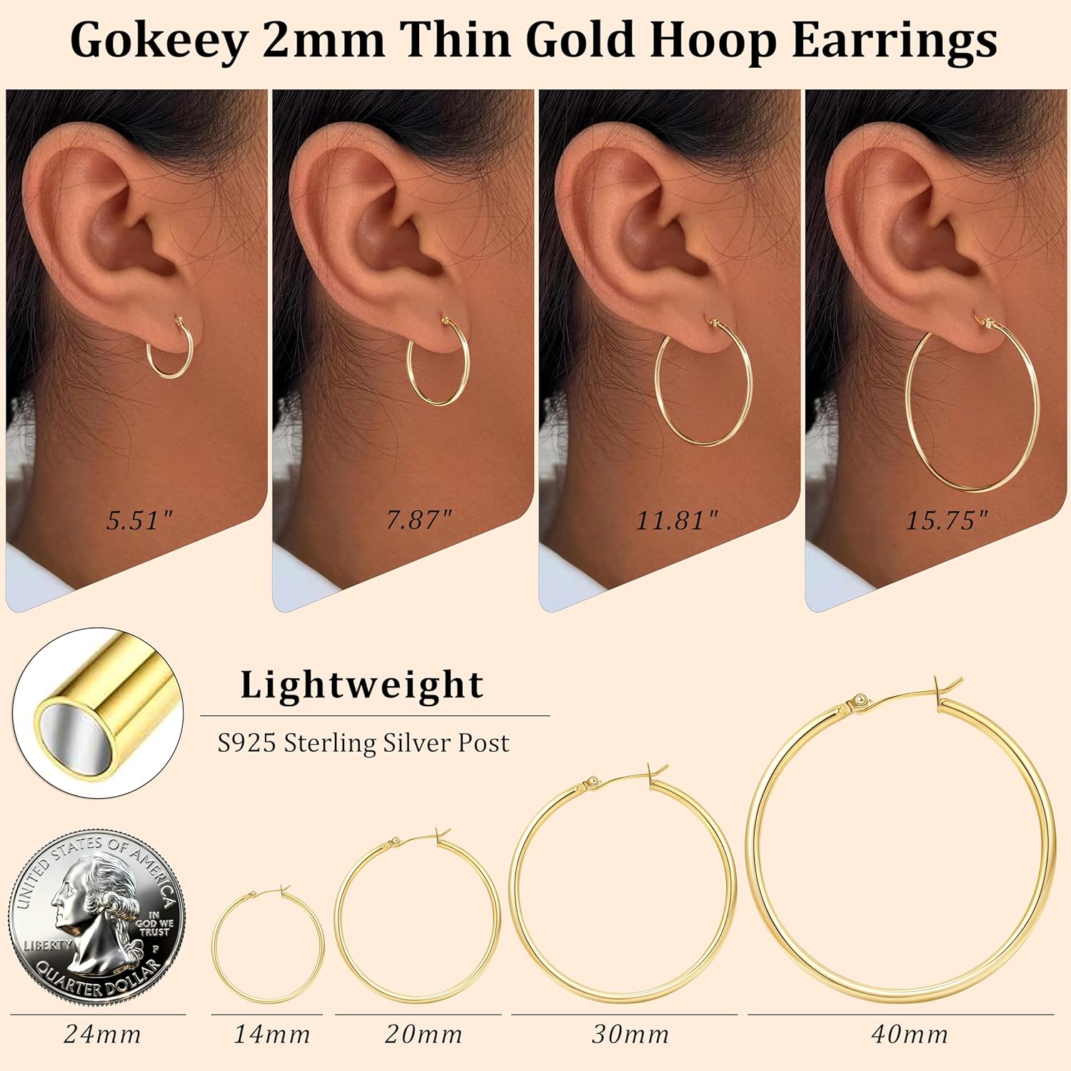 Gokeey Gold Hoop Earrings Set for Women,14k Gold Plated Gold Hoops with Sterling Silver Post Hypoallergenic Thin Hoop Gold Earrings for Girls Trendy Jewelry Gifts
