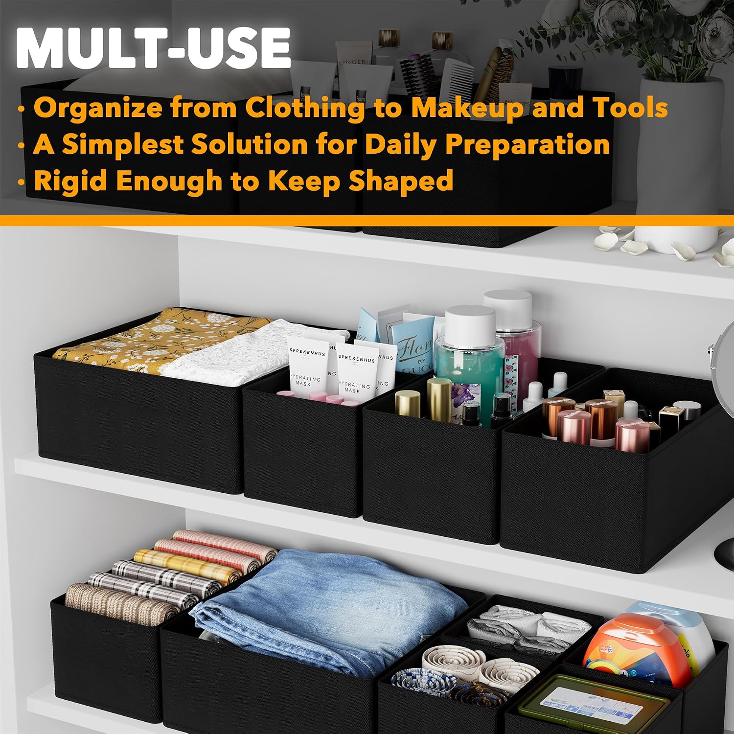 Spaceaid Drawer Organizer Clothes, 12 Pack Dresser Organizer Bins For Nursery, Closet Organization And Storage Dividers For Clothing, Baby Clothes, Underwears, Socks (Black)
