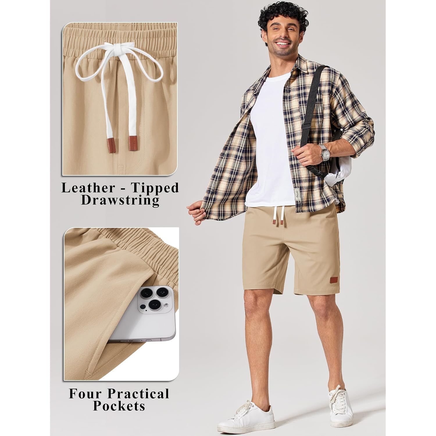 Coofandy Mens Cotton Chino Shorts 9 Inch Casual Shorts Elastic Waist Drawstring Summer Beach Shorts With Pockets