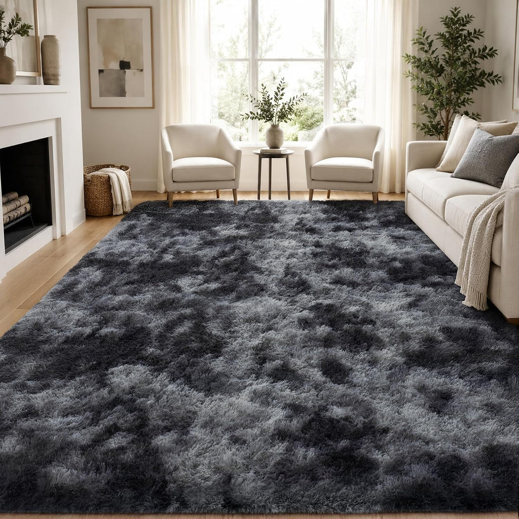 8X10 Area Rugs For Living Room Bedroom: Black Grey Soft Fluffy Shag Upgrade Non-Slip High Pile Carpet Large Fuzzy Plush Indoor Floor Decor Shaggy Rug For Kid Boys Girls Playroom Nursery Modern Home
