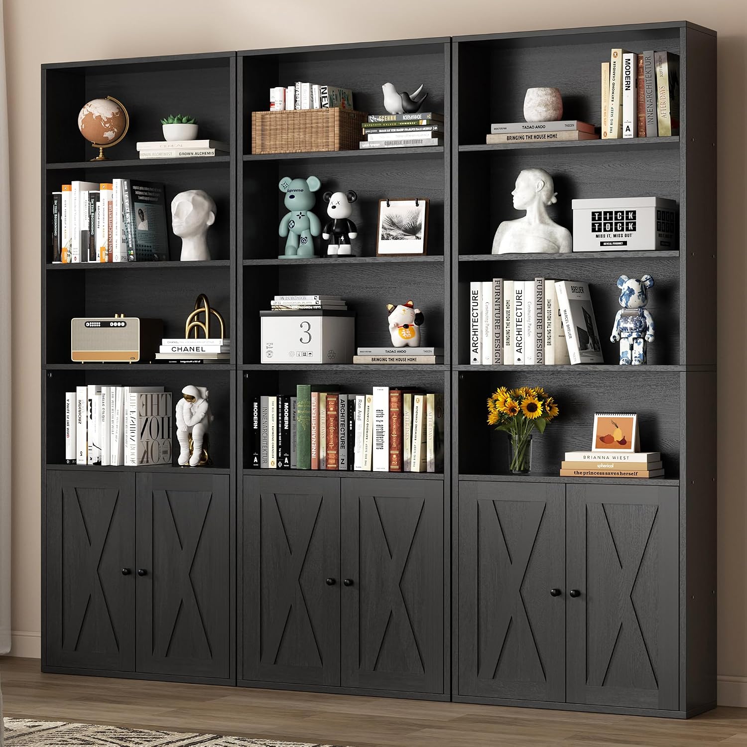 Shintenchi Bookshelf, Industrial Bookshelves And Bookcases With Doors Floor Standing 6 Shelf Display Storage Shelves 70.9 Inches Tall Bookcase For Home Office, Living Room (Black)