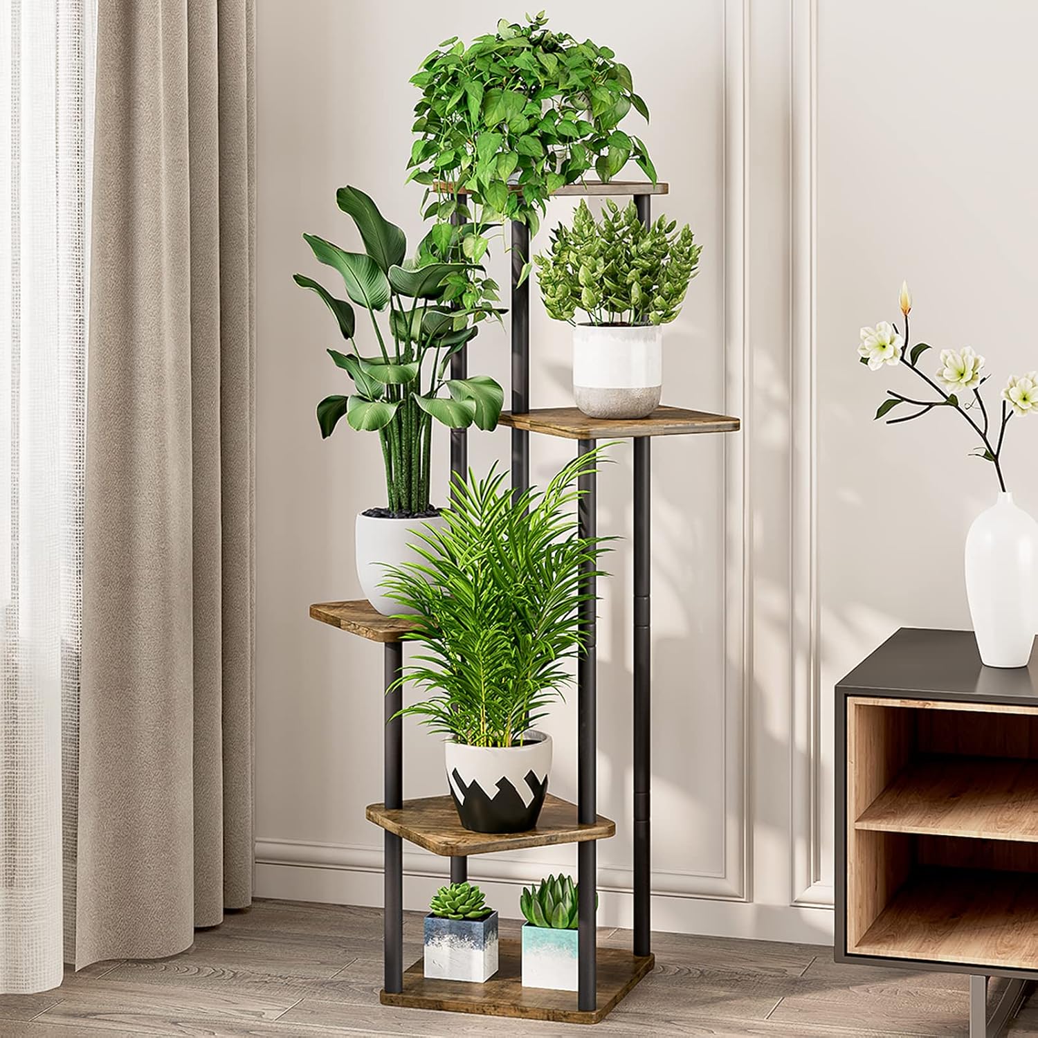 Plant Stand 5 Tier Indoor Metal Flower Shelf For Multiple Plants Corner Tall Flower Holders For Patio Garden Living Room Balcony Bedroom, Black (5 Tier-Black)