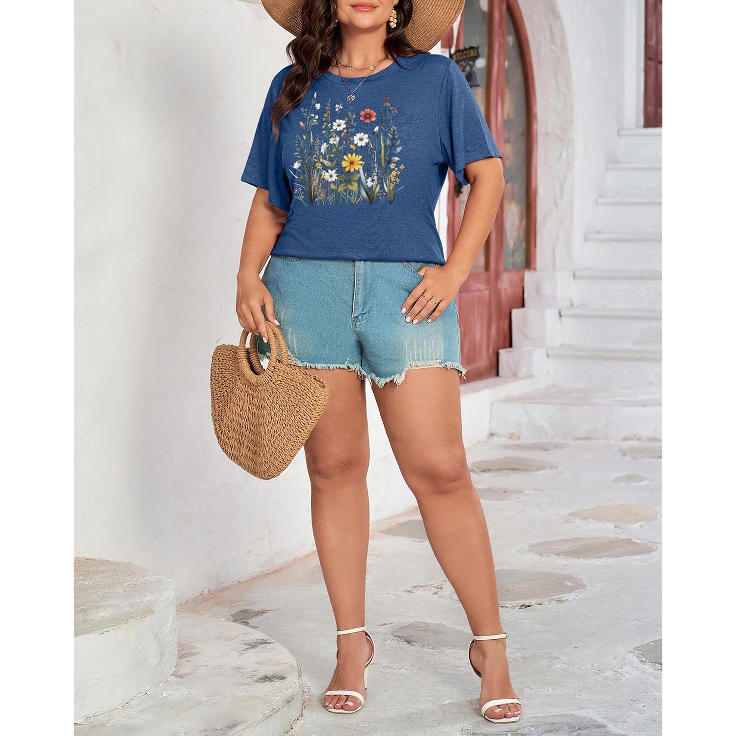 Plus Size Tshirts for Women Graphic Tees Vintage Flower Casual T Shirt Short Sleeve Top Loose Fit Tee Blue 02