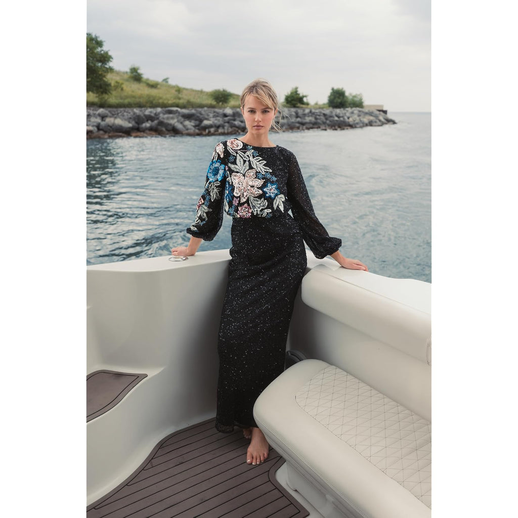 Mac Duggal Beaded Mesh Boat Neck Bishop Sleeve Column Gown