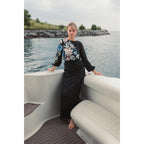 Mac Duggal Beaded Mesh Boat Neck Bishop Sleeve Column Gown