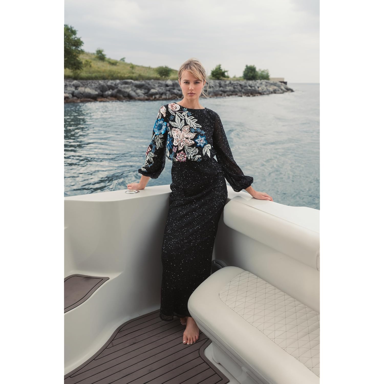Mac Duggal Beaded Mesh Boat Neck Bishop Sleeve Column Gown