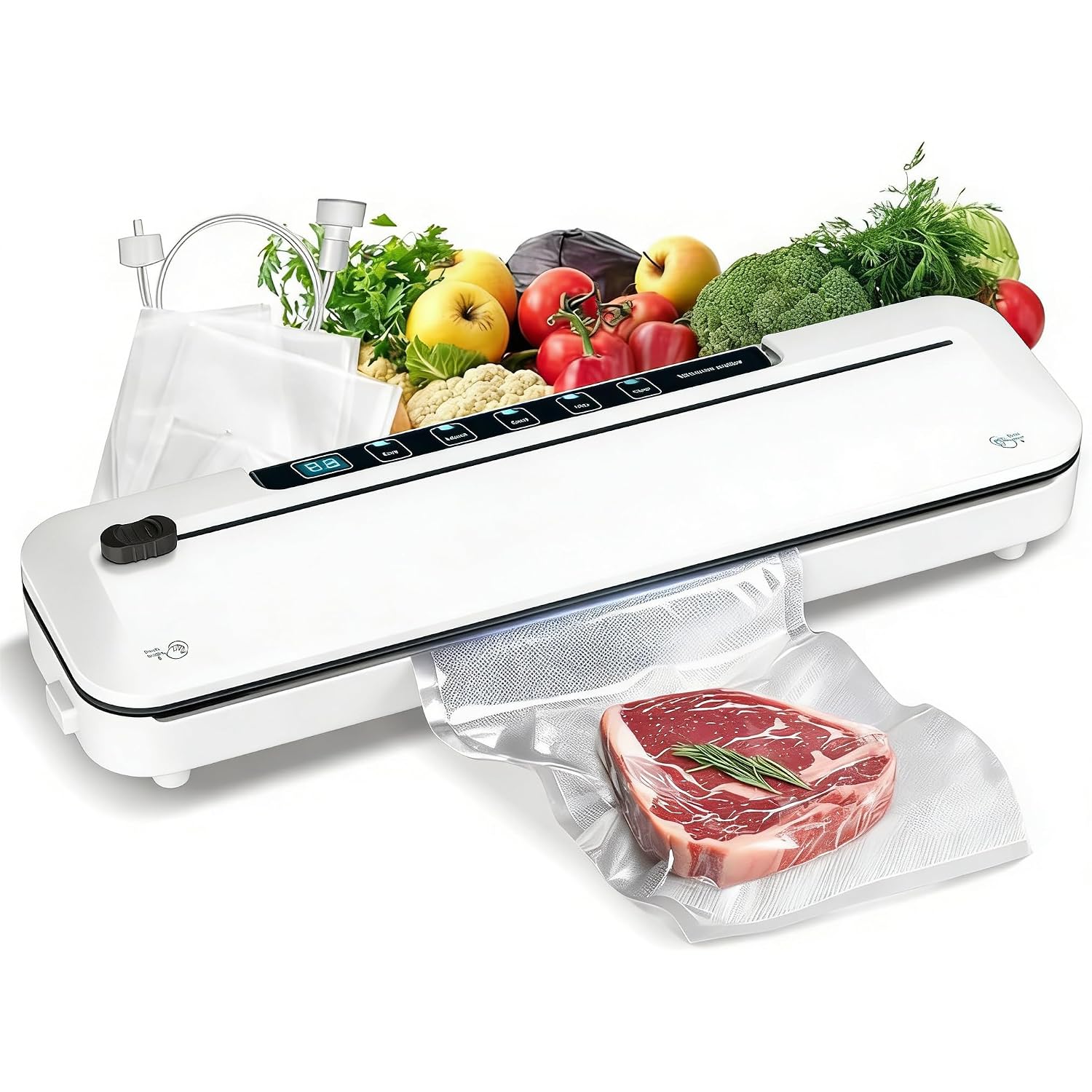 Vacuum Sealer Machine 75Kpa Food With 6-In-1 Dry/Moist Modes & Digital Timer, Compact Lightweight Design, Built-In Cutter + 10 Bags (White)