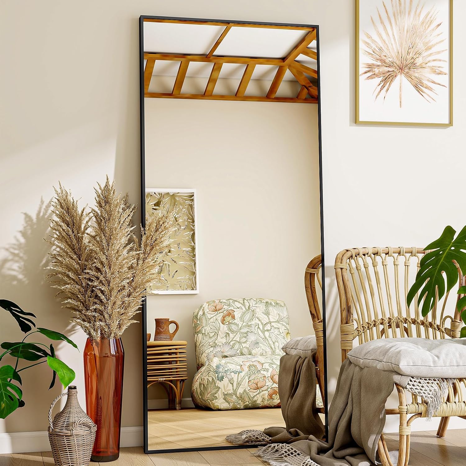 Mirror Full Length - 21" X 57" Floor Mirror With Stand, Aluminum Alloy Frame Full Body Mirror, Standing Hanging Or Leaning Against Wall For Bedroom And Living Room, Black