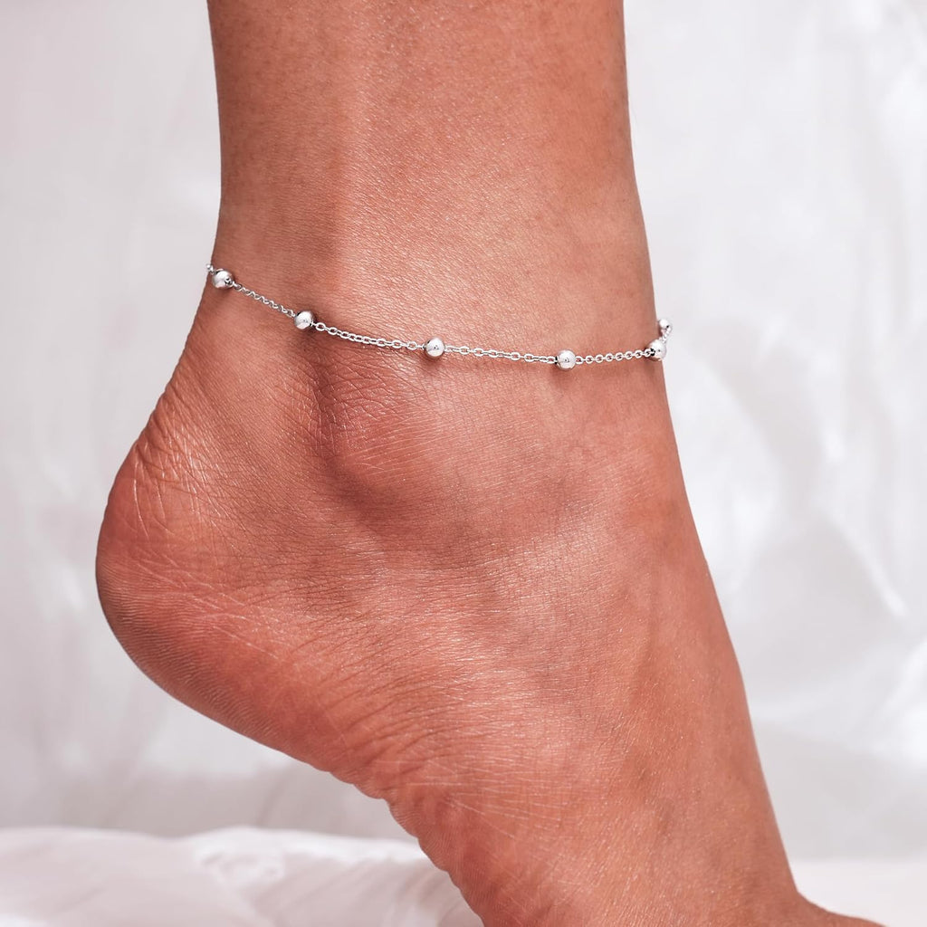 CHIC & ARTSY 925 Sterling Silver Ankle Bracelets for Women, Adjustable Double Layer Chain Anklets, Minimalist Lightweight Foot Jewelry for Beach & Everyday Wear