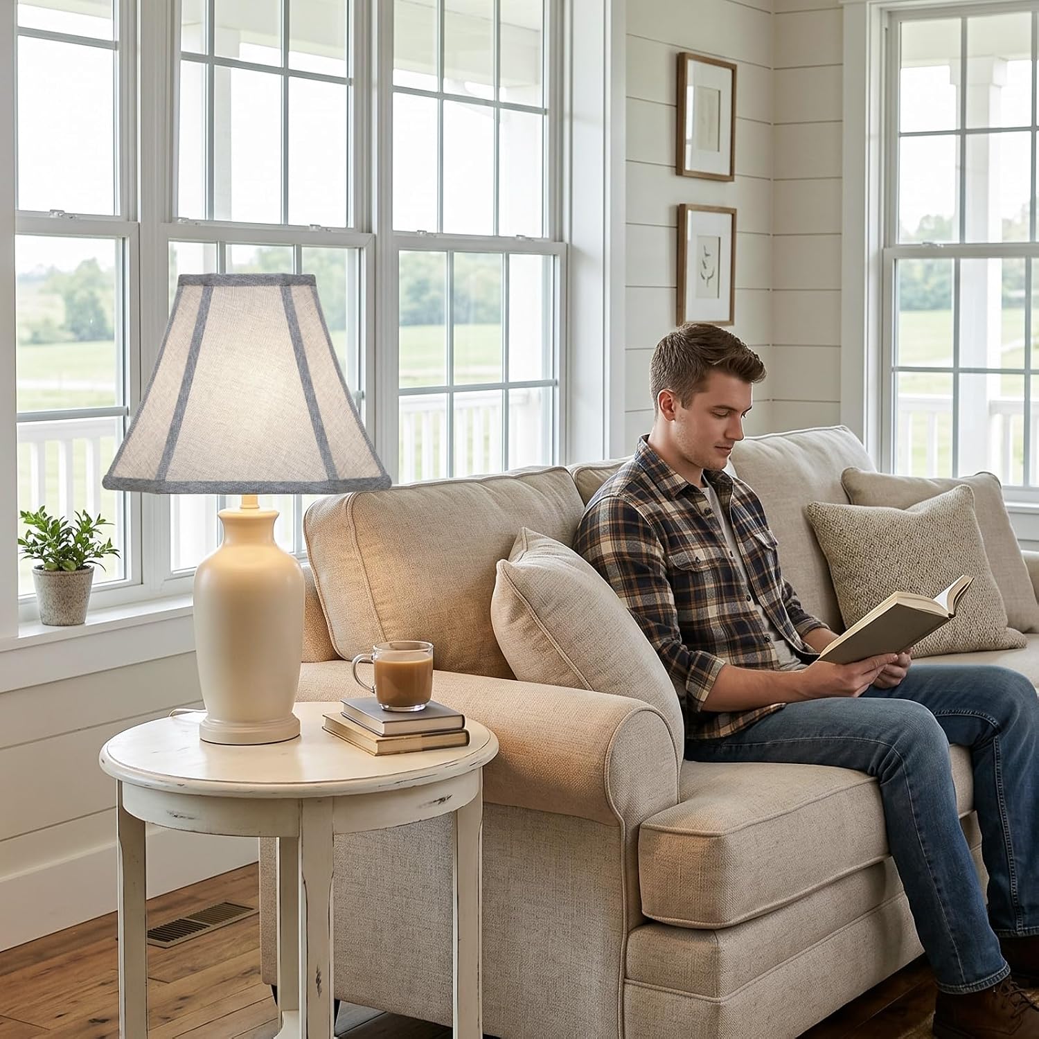 Square Cut Corner Bell Lamp Shades Set Of 2, 6.5" X 13"X 10.5", Gray | Medium Replacement Lampshades, Natural Linen Handcrafted, Include 2 Lamp Harps, Fits E26 & Saddle Base, Easy Assembly