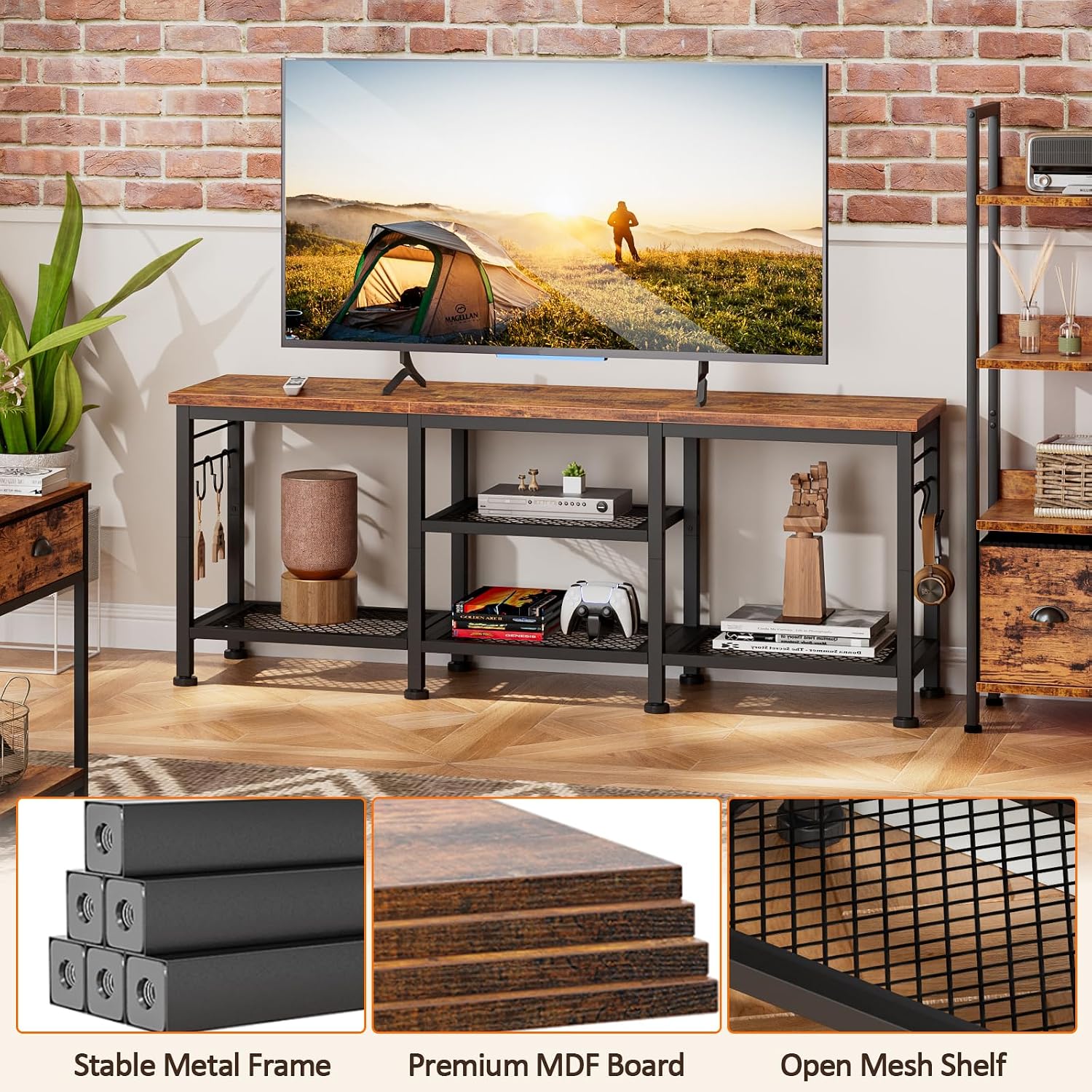 Furologee Tv Stand For Tvs Up To 55 Inch, Entertainment Center With Open Storage Shelves, Media Console Table With Soundbar Shelf For Living Room, Bedroom, Rustic Brown
