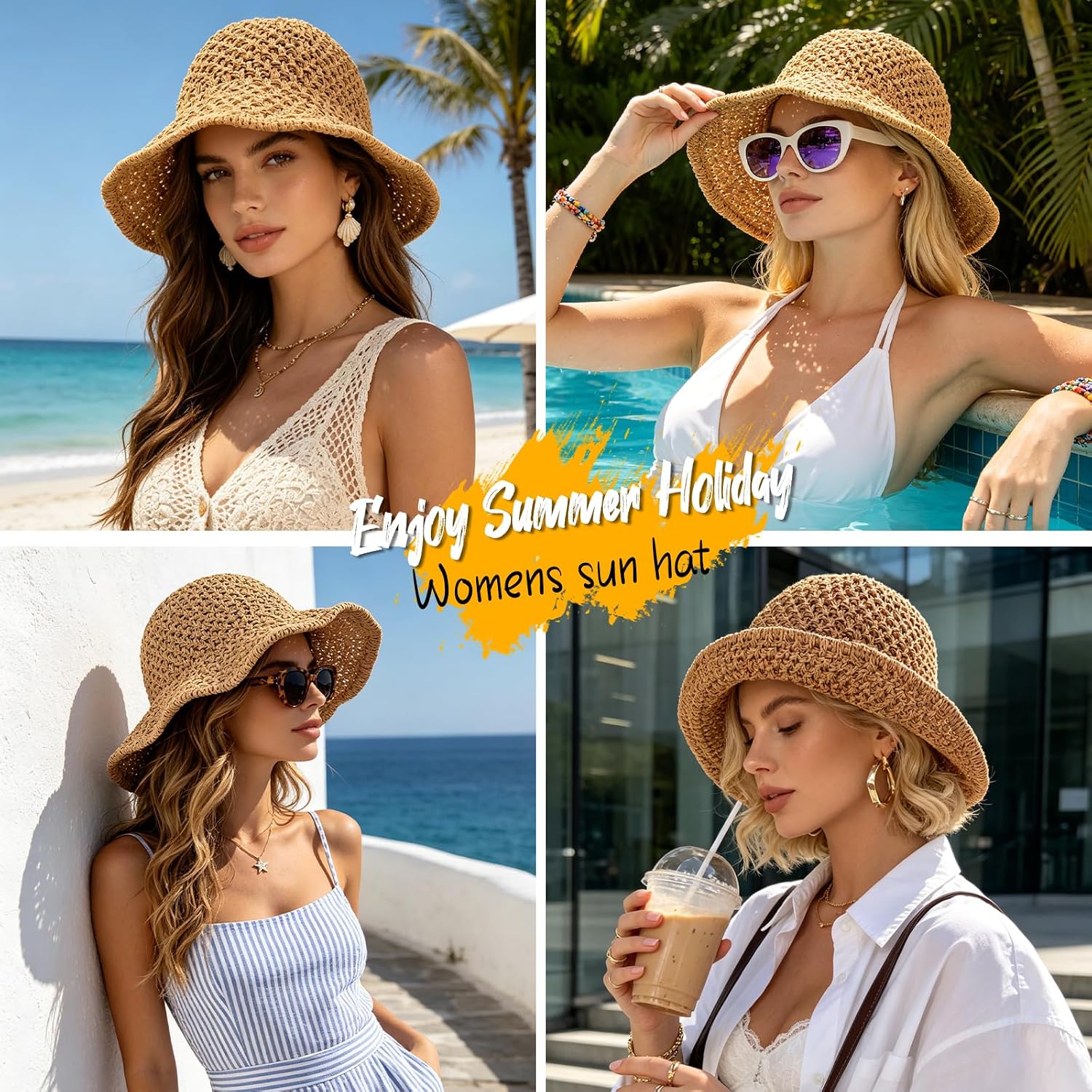 Sun Hat For Women Summer Straw Beach Hats Floppy Crochet Hat Uv Protection Travel Bucket Hat Foldable Packable