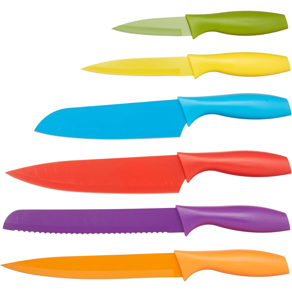 Amazon Basics Color-Coded Dishwasher Safe Kitchen Knife Set, 12-Piece with Ergonomic Handles, Non-stick Sharp Blades, 6 Knives with 6 Blade Guards, Multicolor, 13.88 x 4.13 x 1.38 inch