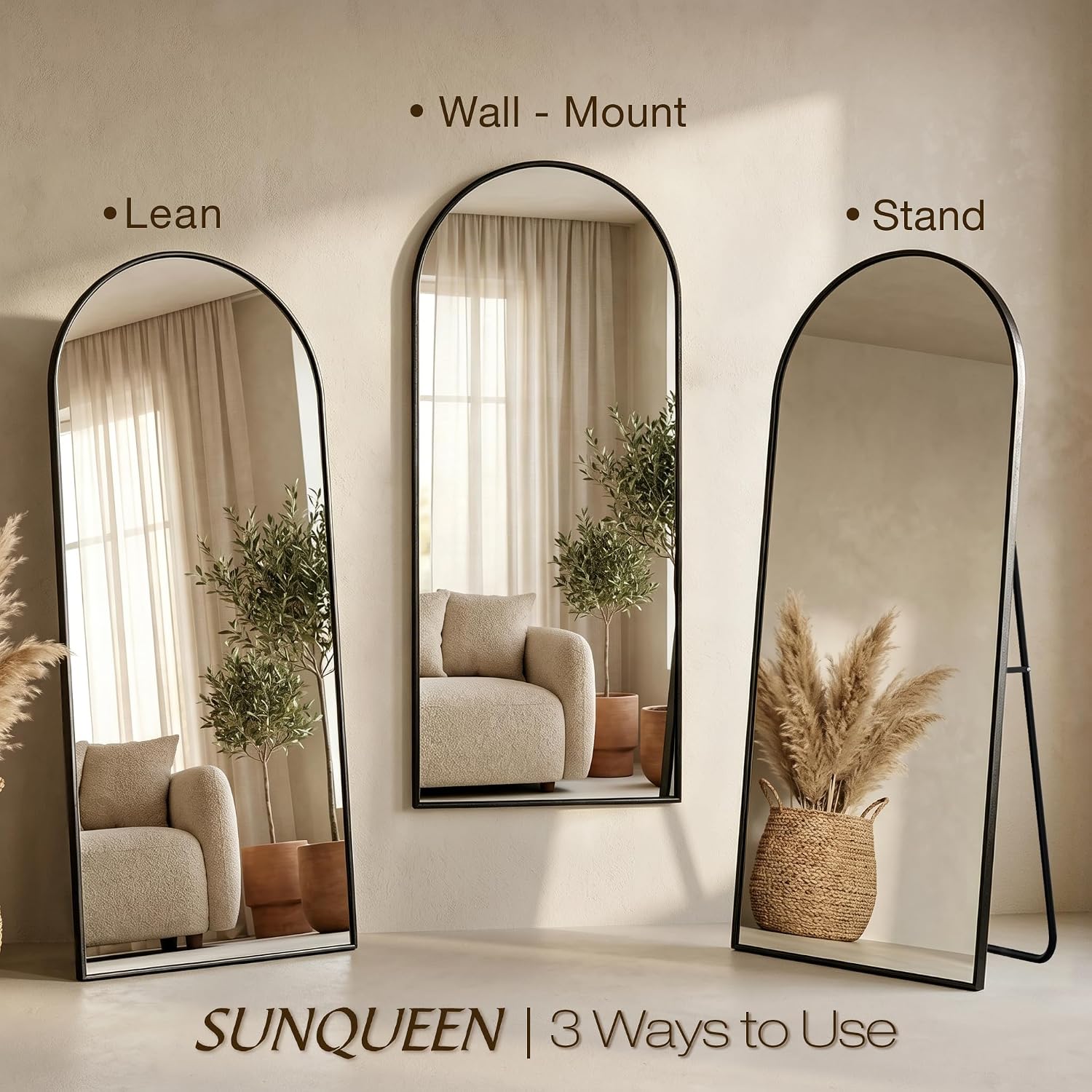 Sunqueen 76"X34" Floor Mirror Full Length, Arched Full Length Mirror With Stand, Full Body Mirrors For Bedroom Living Room Or Cloakroom Black