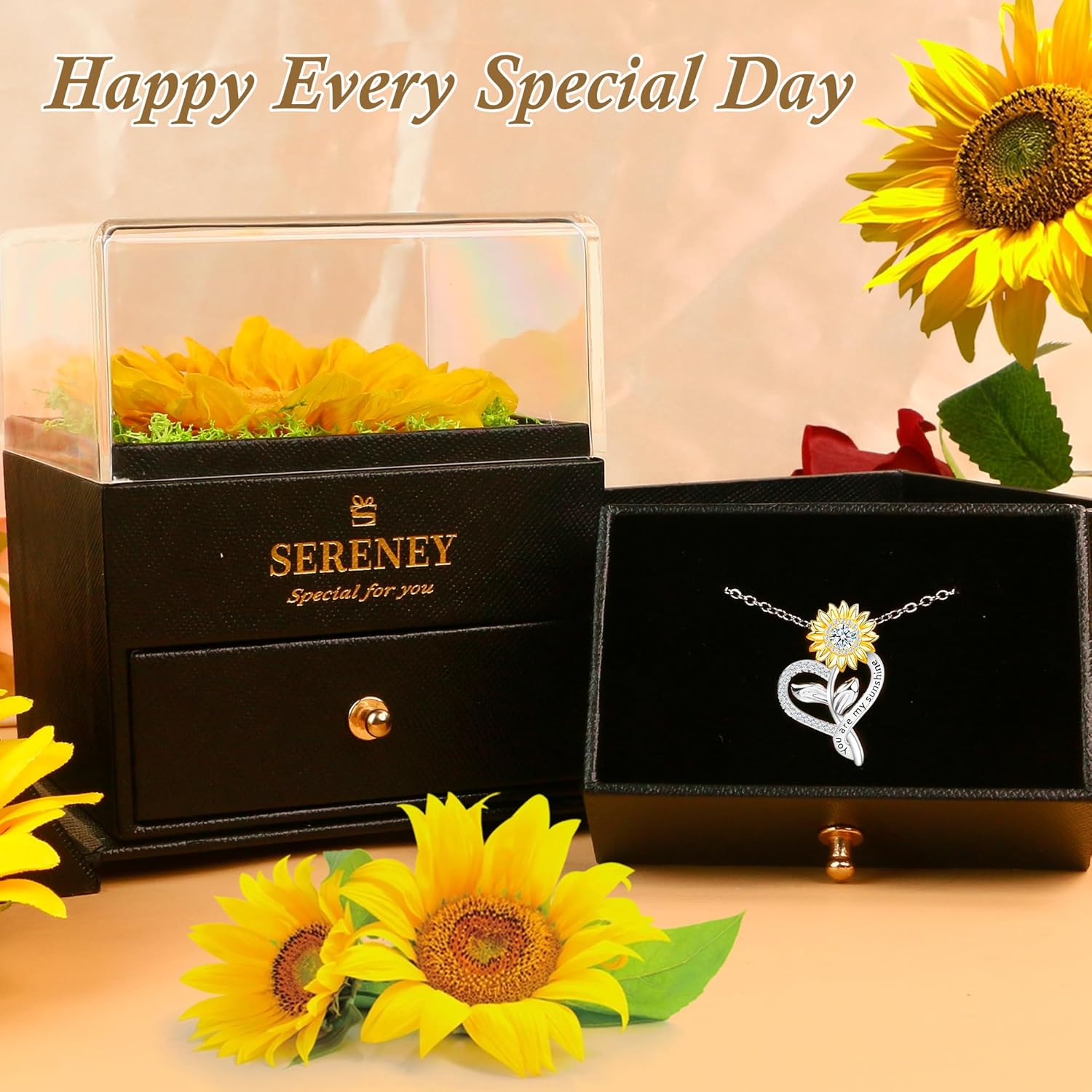 Sereney Preserved Sunflower Gifts for Women, Sunflower Necklace You are My Sunshine as Mothers Day Gift for Mom, Silver Necklace Anniversary Birthday Gifts for Wife Daughter Girlfriend