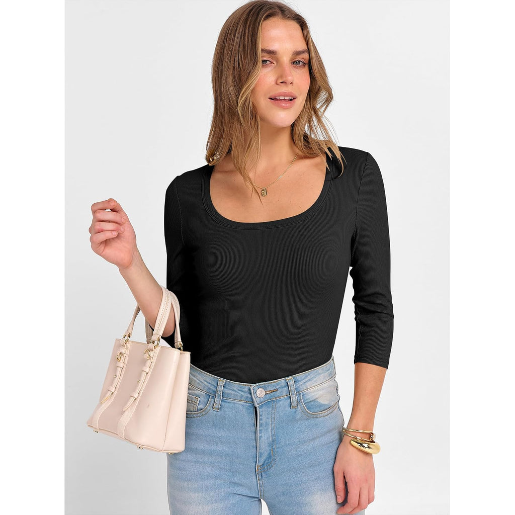 Anrabess Womens 3/4 Sleeve Scoop Neck Tops Ribbed Knit Slim Fitted Casual Basic Tee Shirts 2026 Fall Trendy Going Out T-Shirt