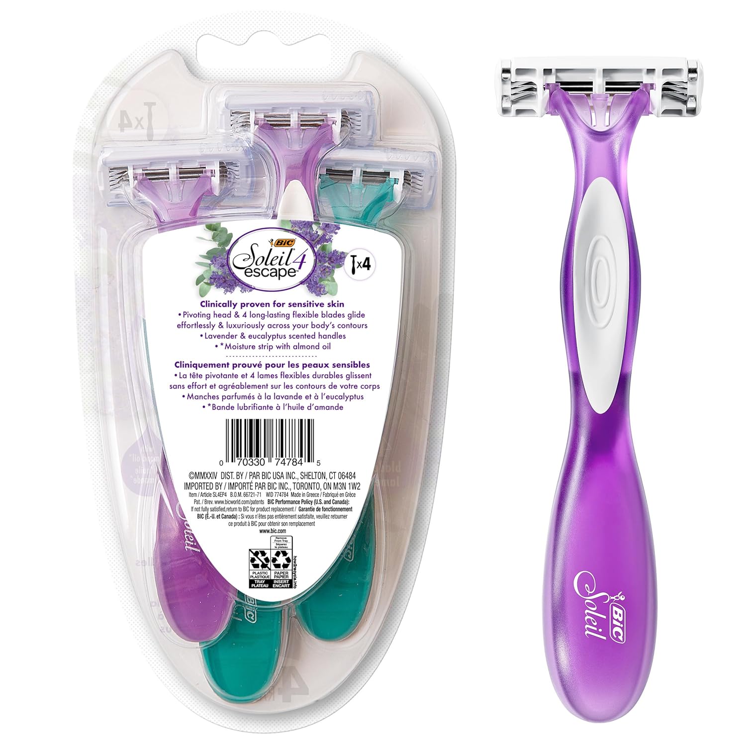 BIC Soleil 4 Escape Women's Disposable 4-Blade Razors, Lavender & Eucalyptus Scented Handles for Smooth Shaving, 4-Pack