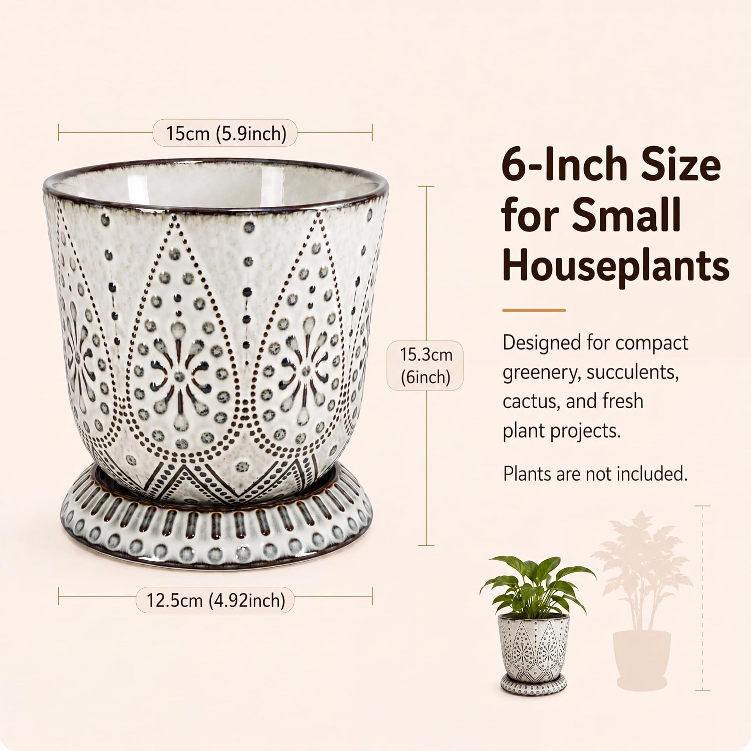 Gepege 6 Inch Beaded Ceramic Planter Set Of 2 With Drainage Hole And Saucer For Plants, Indoor-Outdoor Large Round Succulent Orchid Flower Pot (Smoked Gray, Inner-Pots Not Larger Than 5 Inch)