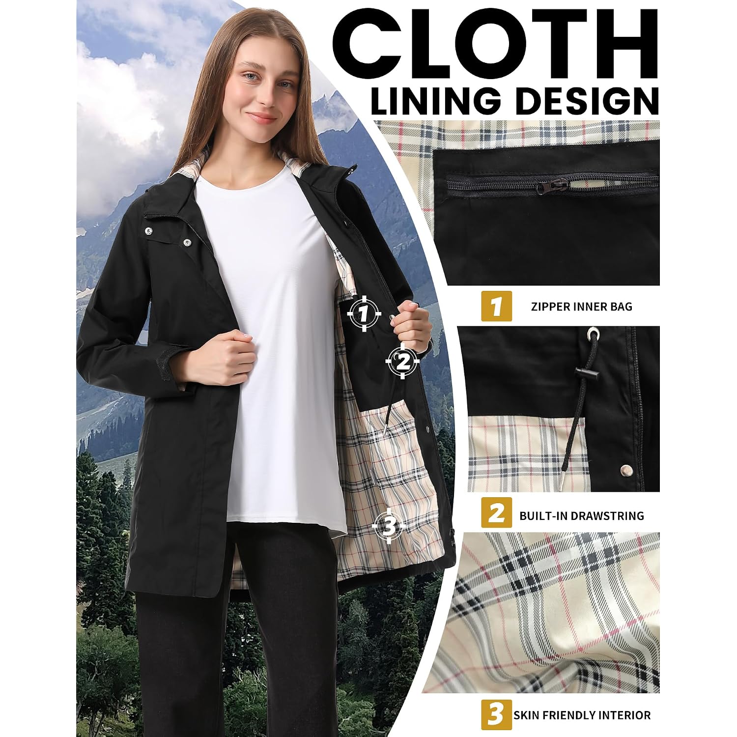 Women'S Rain Jacket Packable Long Raincoat Hooded Plaid Lined Trench Coat Waterproof Windproof Lightweight For Outdoor