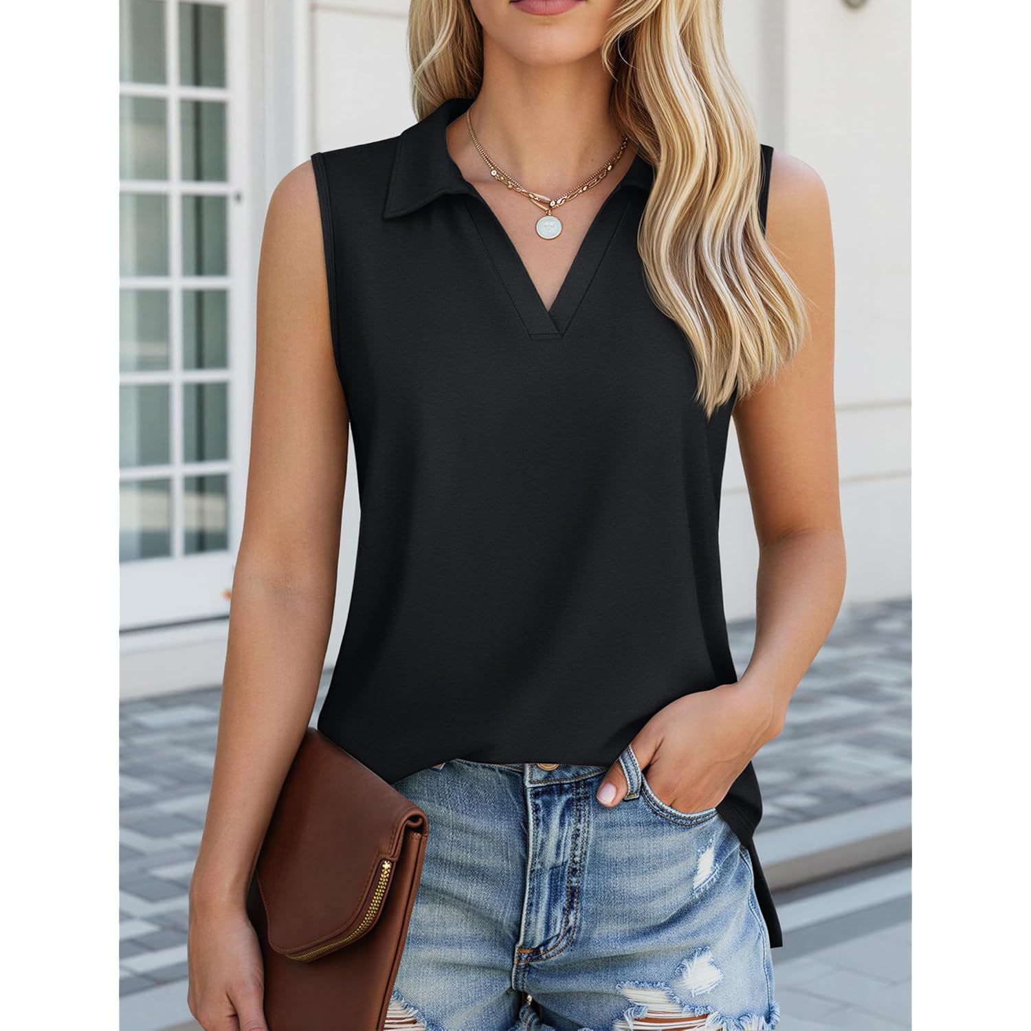Women's Sleeveless Polo Shirts V Neck Collared Tank Tops Golf Office Business Casual Summer Tops