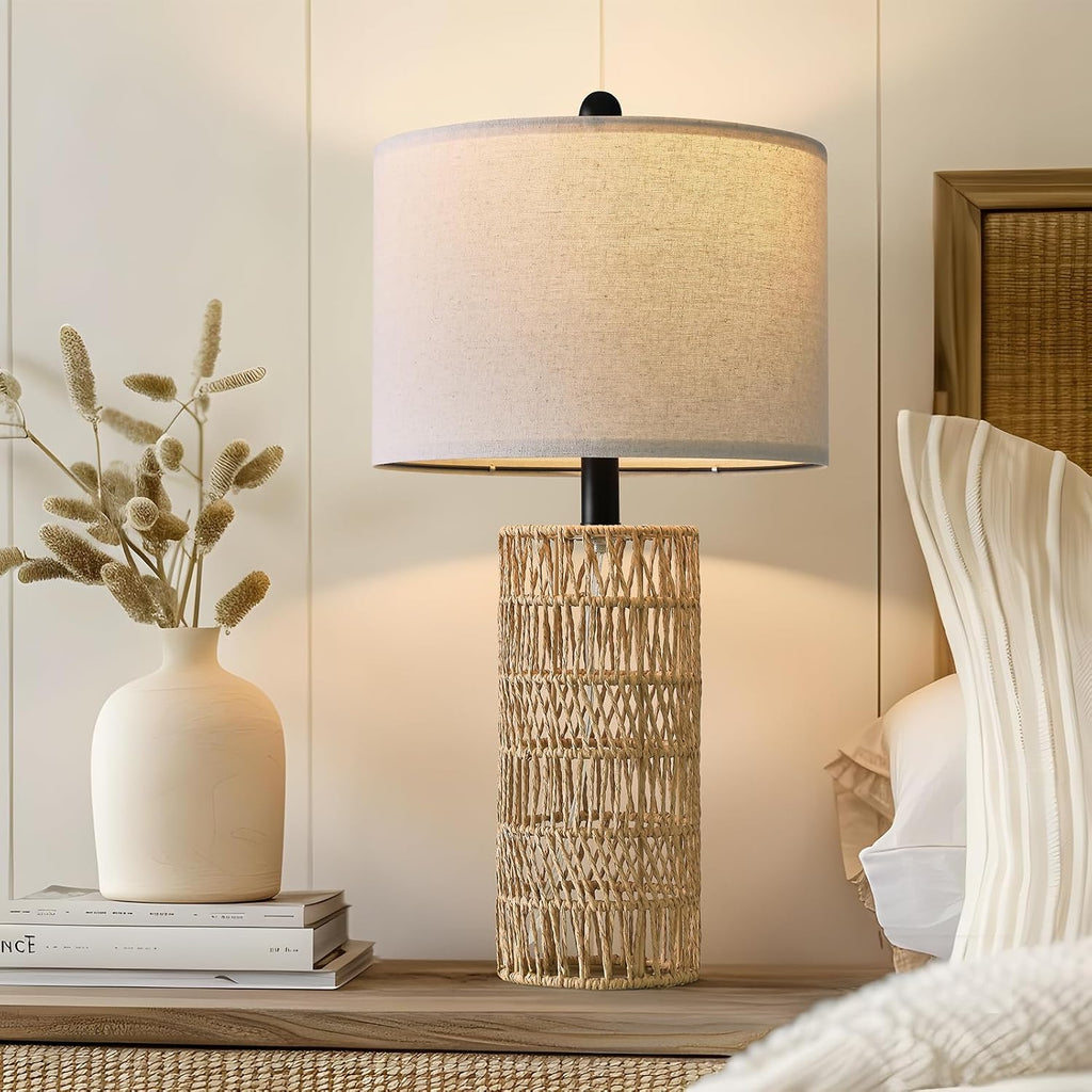 22.5" Boho Table Lamps Set Of 2 For Living Room, Bedside Lamp For Nightstands, Rattan Lamp For Bedroom, Farmhouse Table Lamp For Room Decor, End Table, Retro, Brown（Not Include Bulbs）