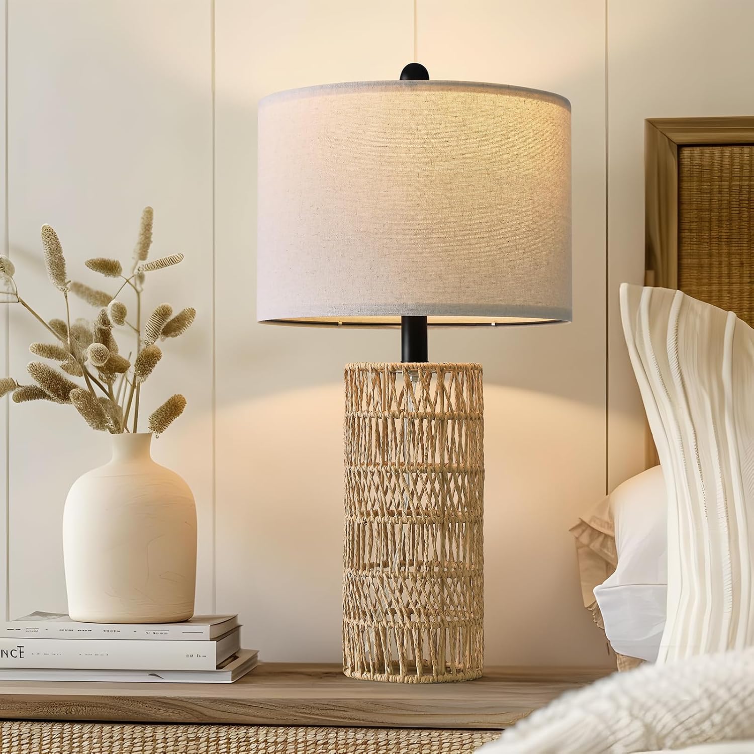 22.5" Boho Table Lamps Set Of 2 For Living Room, Bedside Lamp For Nightstands, Rattan Lamp For Bedroom, Farmhouse Table Lamp For Room Decor, End Table, Retro, Brown（Not Include Bulbs）