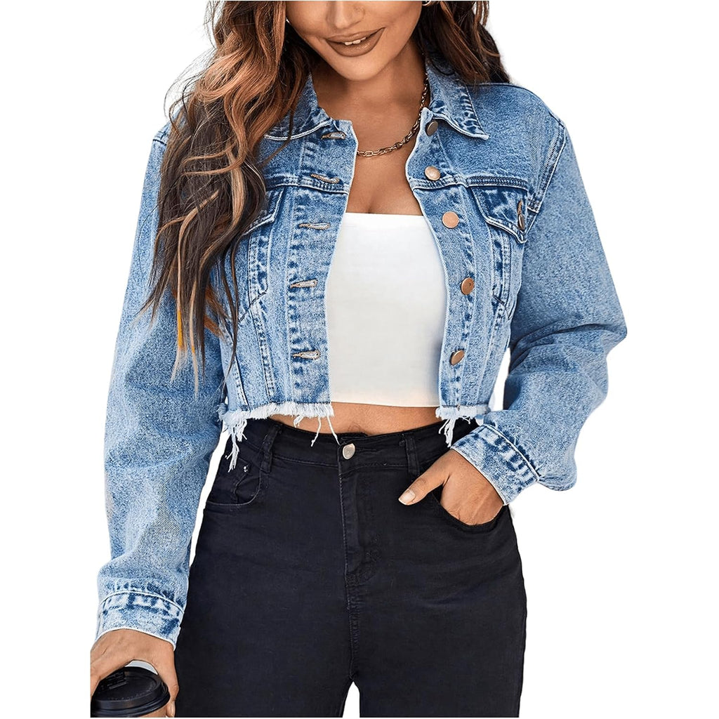 Floerns Women'S Raw Hem Long Sleeve Button Down Pocket Cropped Denim Jean Jacket