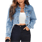 Floerns Women'S Raw Hem Long Sleeve Button Down Pocket Cropped Denim Jean Jacket