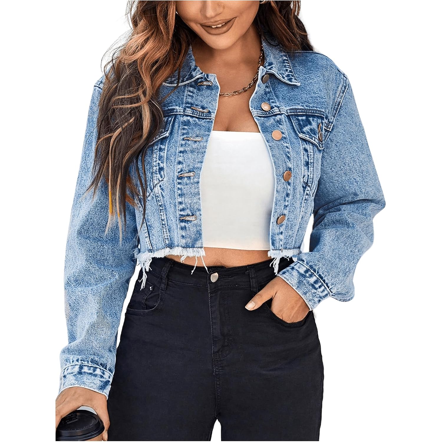 Floerns Women'S Raw Hem Long Sleeve Button Down Pocket Cropped Denim Jean Jacket