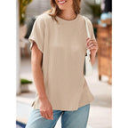Tankaneo Womens Oversized Short Cap Sleeve Tunic Tops Summer Casual Textured Ribbed Knit T-Shirts Loose Fit Tees