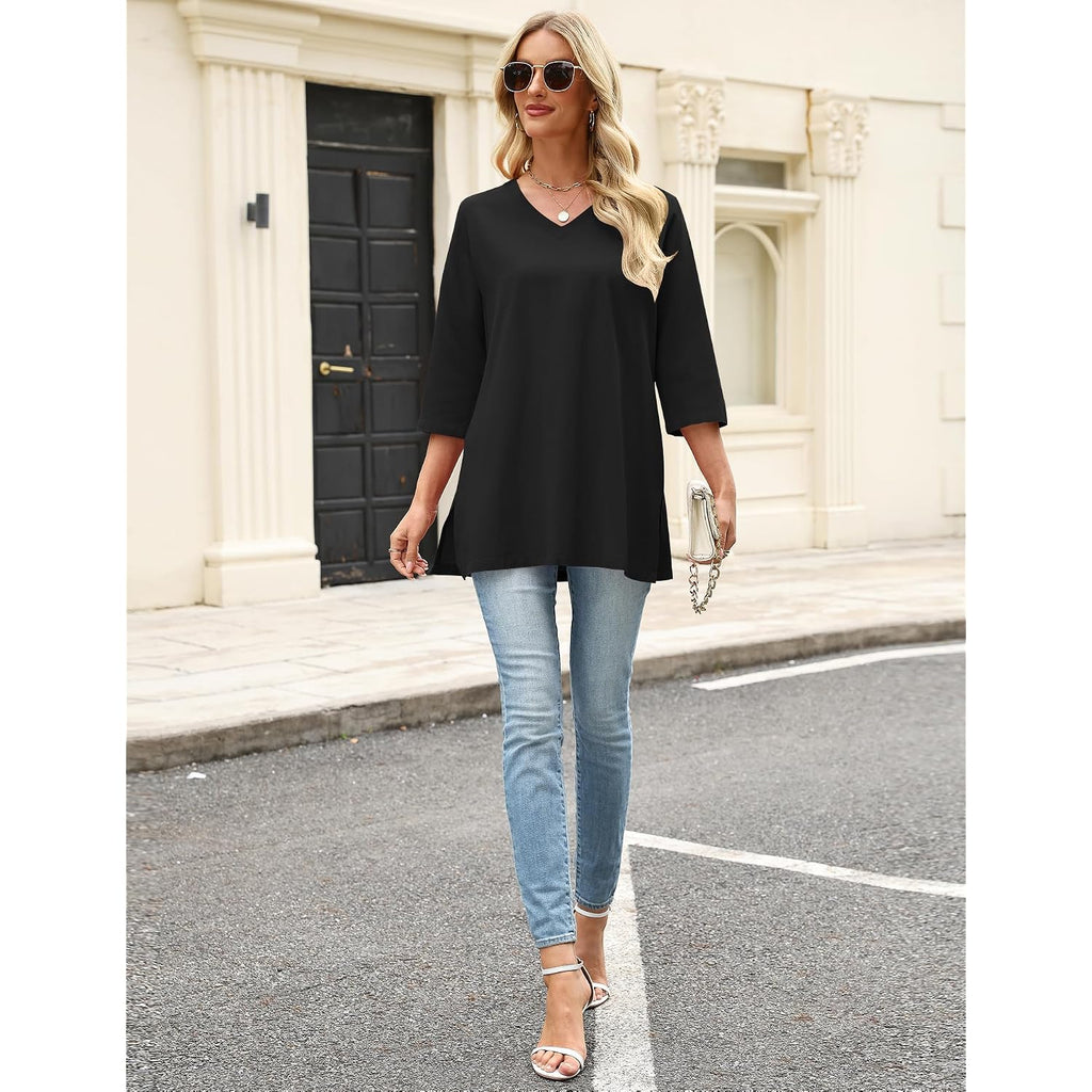 3/4 Length Sleeve Cotton Linen Womens Tops V Neck Loose Fit Dressy Casual Blouse Flowy Shirts Womens Clothing