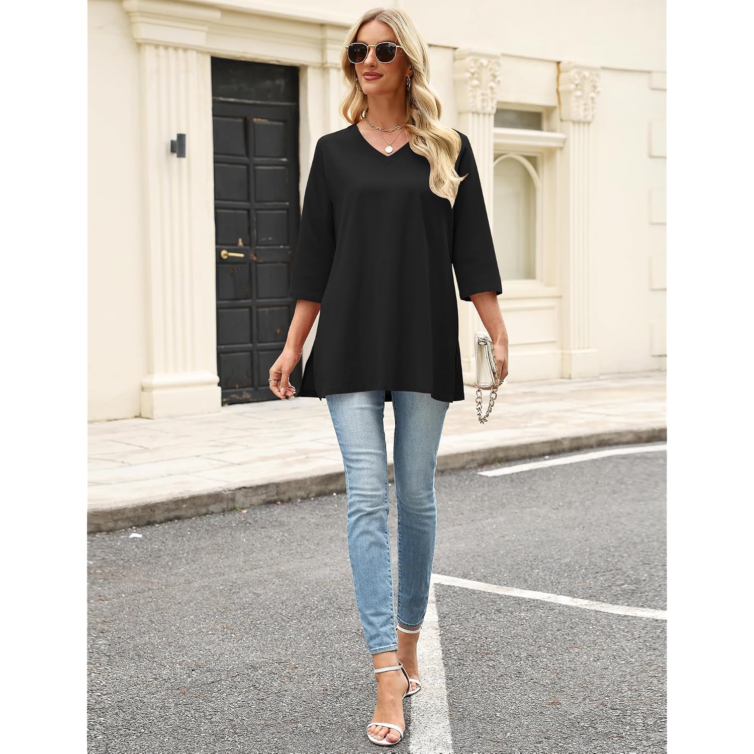 3/4 Length Sleeve Cotton Linen Womens Tops V Neck Loose Fit Dressy Casual Blouse Flowy Shirts Womens Clothing
