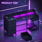 Korfile 47 Inch Gaming Desk With Power Outlets And Led Lights, Reversible Computer Desk With 5 Fabric Storage Drawers, Home Office Desk With Monitor Stand For Working Writing Study, Black